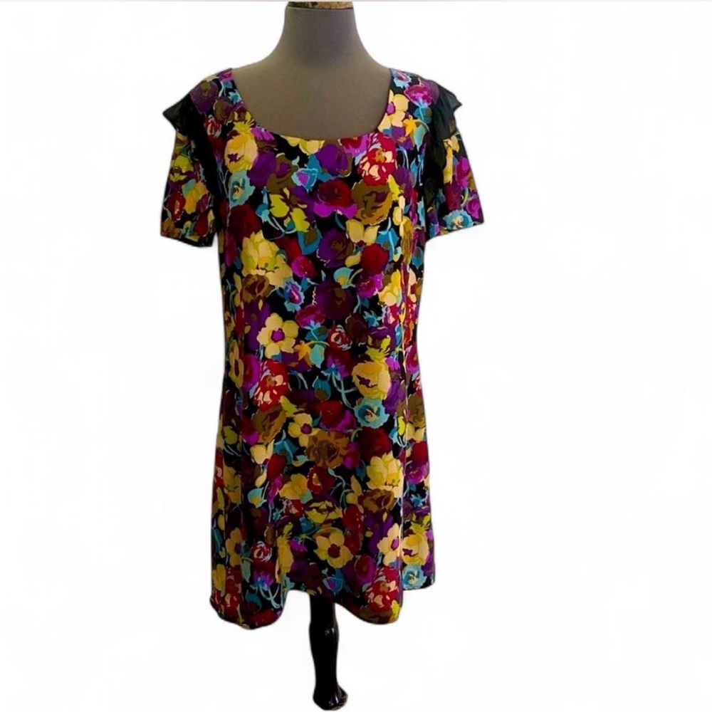NWT VINTAGE Y2K BETSEY JOHNSON MULTI COLOR FLORAL SHORT SLEEVE SILK DRESS 10